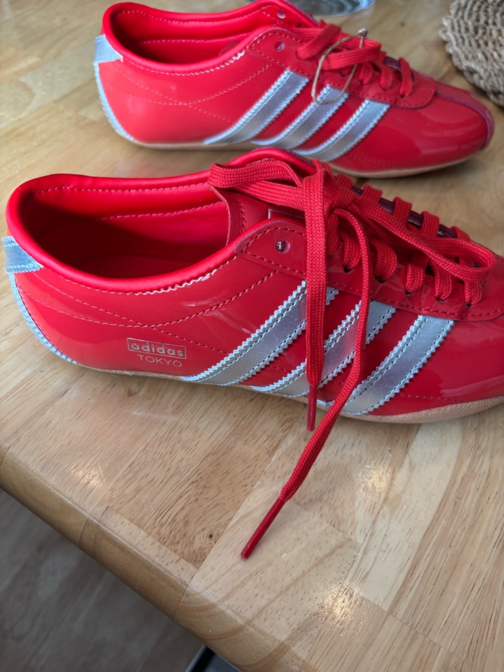 Women’s adidas Tokyo Red Patent Leather Sneakers with Silver Stripes NWT
